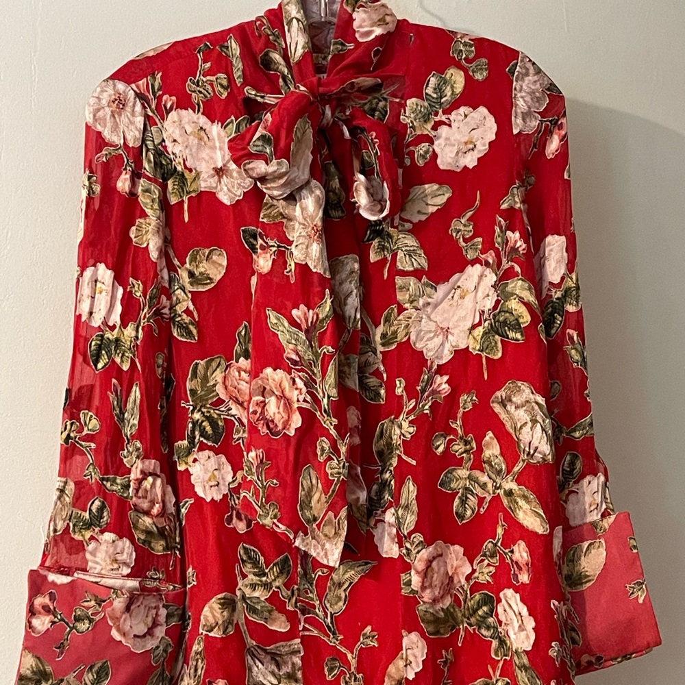 Alice + Olivia Red Mandarin Collar Tie Front Blouse